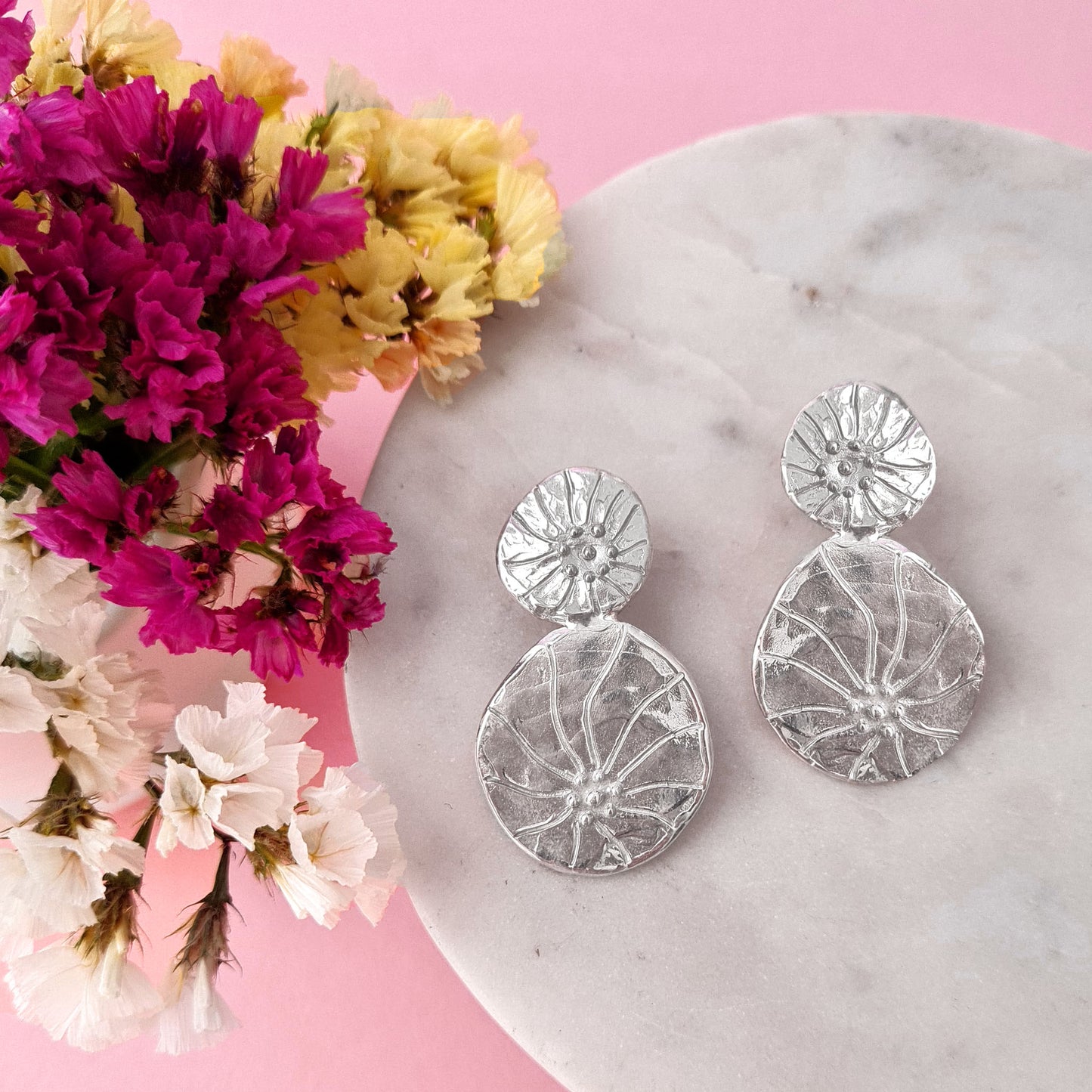 2D FLOWERS - Orecchini pendenti in argento 925 con fiori double maxi