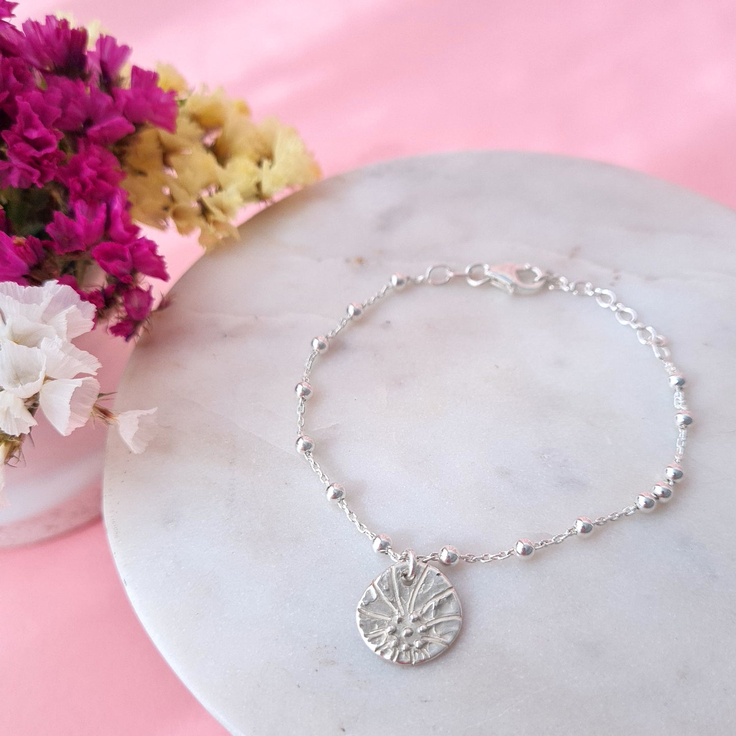 2D FLOWERS - Bracciale in argento 925 a catena e sfere con charm fiore