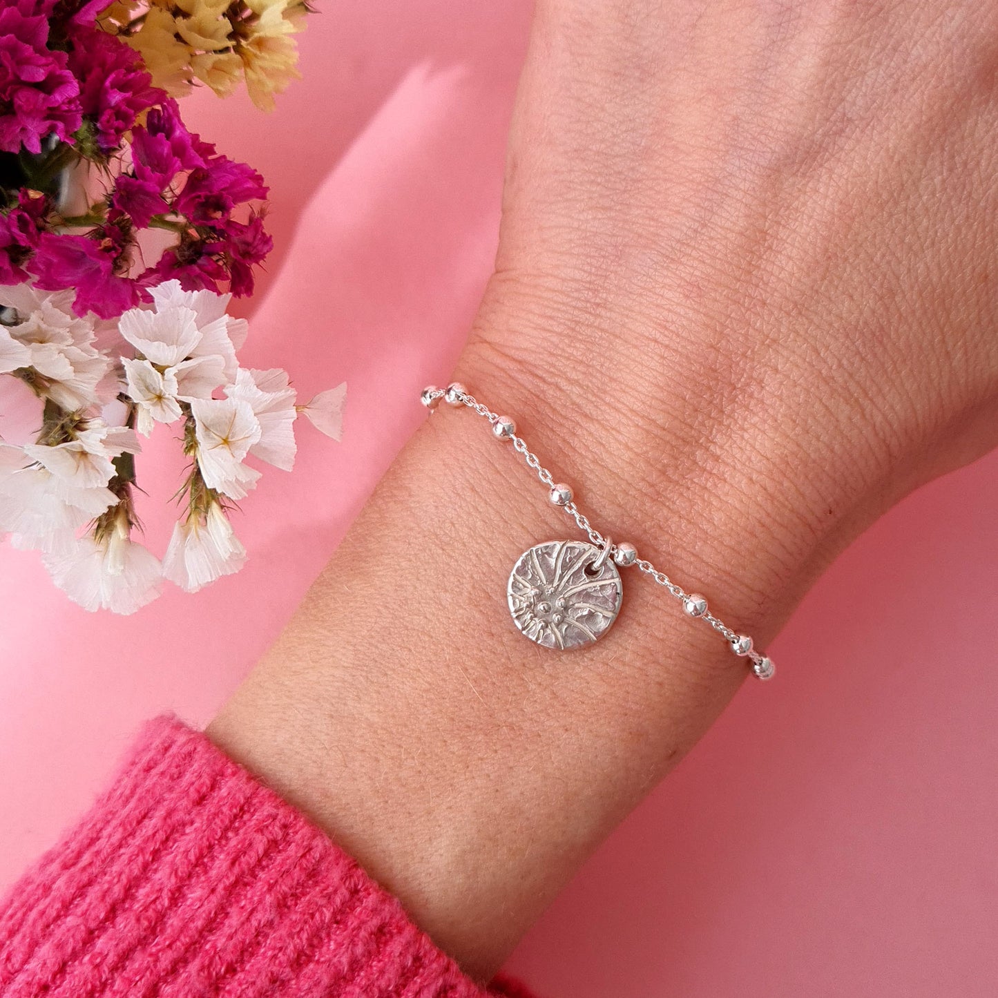 2D FLOWERS - Bracciale in argento 925 a catena e sfere con charm fiore