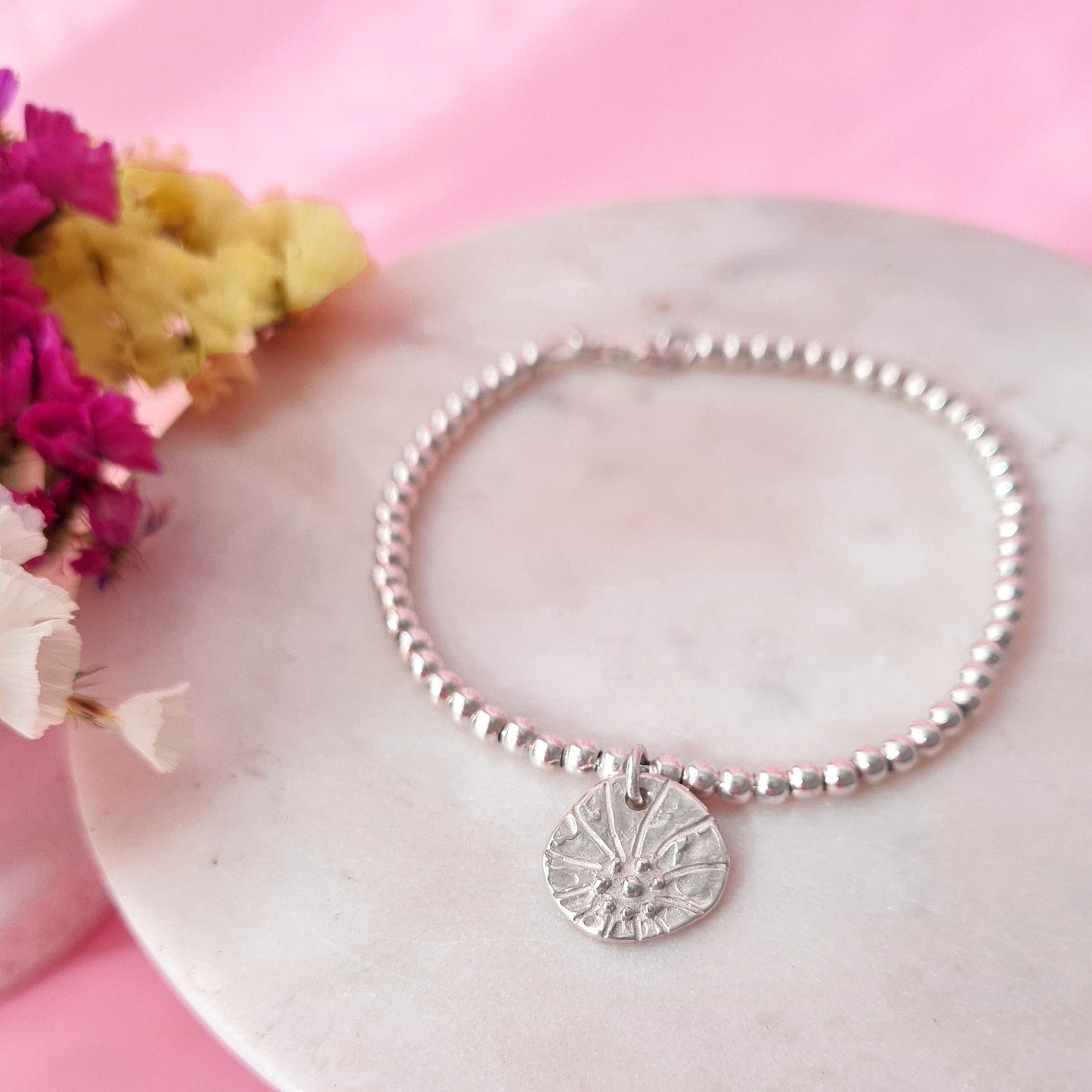 2D FLOWERS - Bracciale in argento 925 a sfere con charm fiore