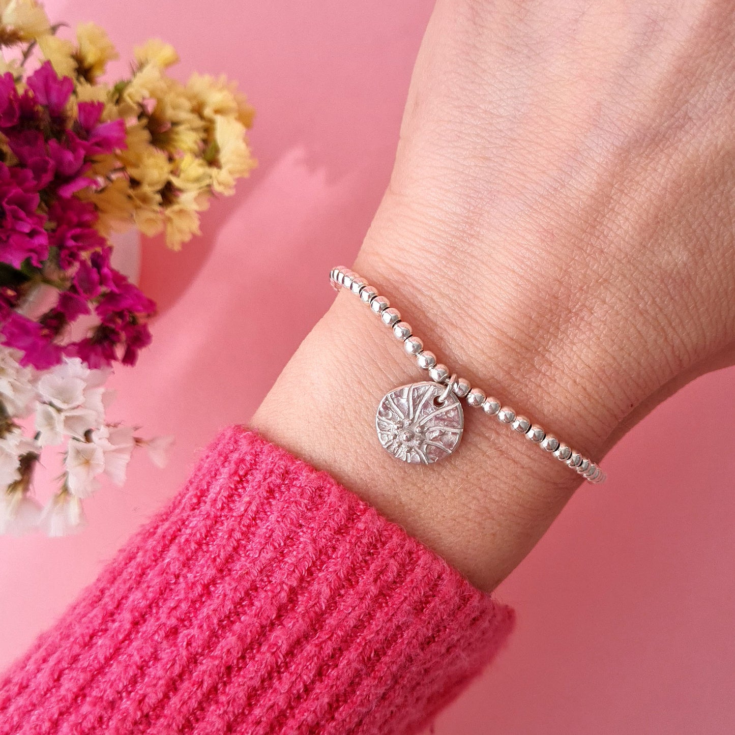 2D FLOWERS - Bracciale in argento 925 a sfere con charm fiore