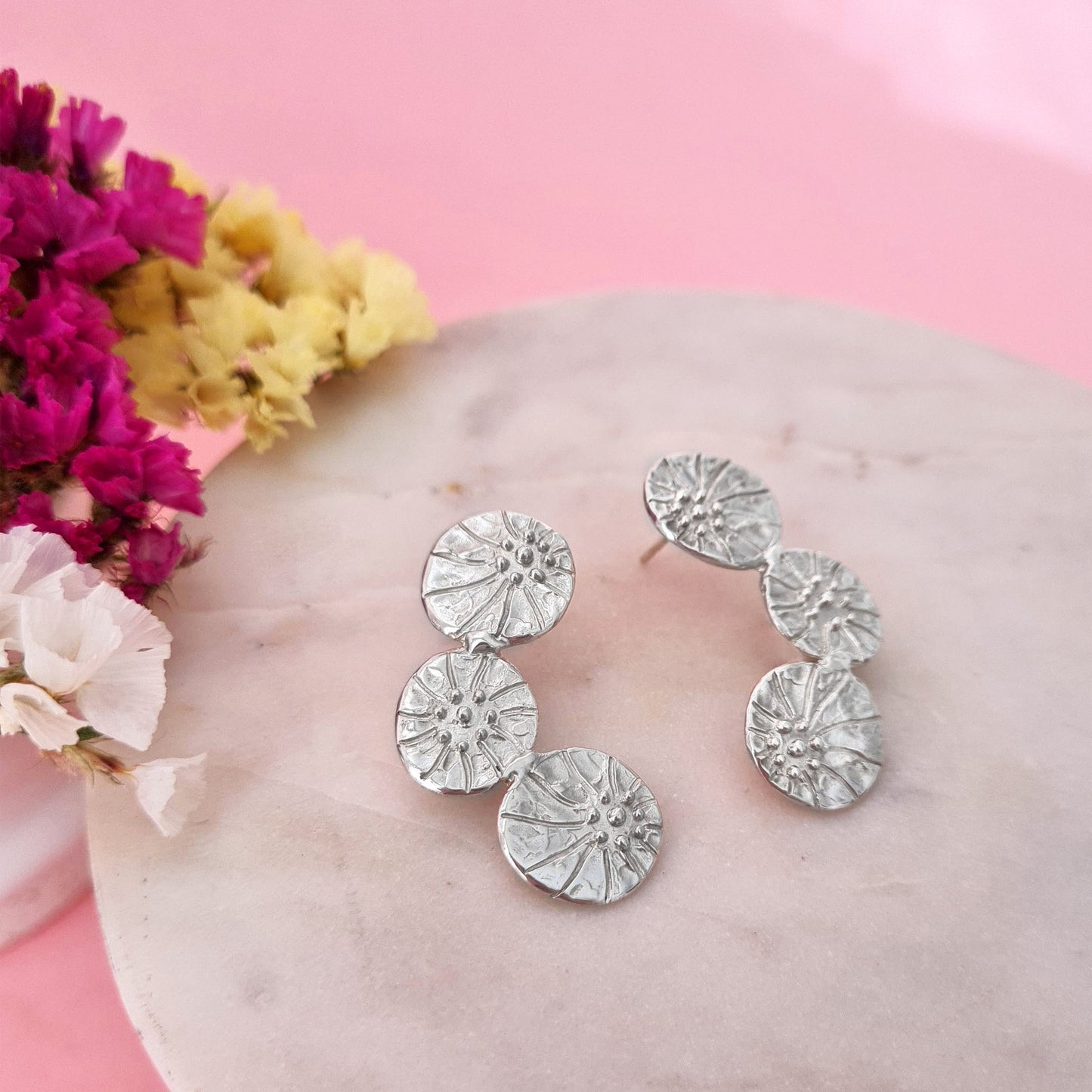 2D FLOWERS - Orecchini pendenti in argento 925 con fiori tris